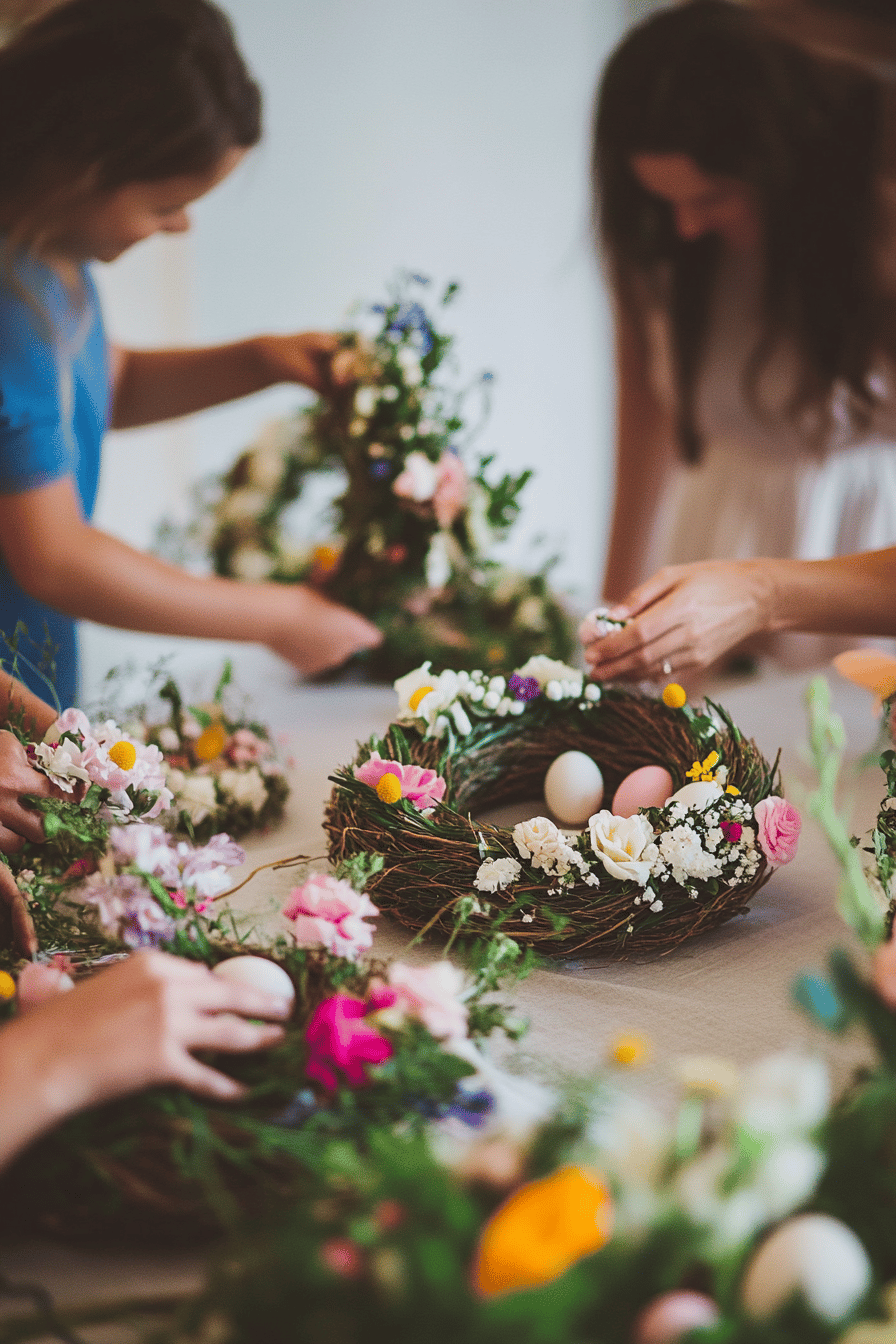 Personen gestalten Oster-Türkränze mit bunten Blumen und Eiern.