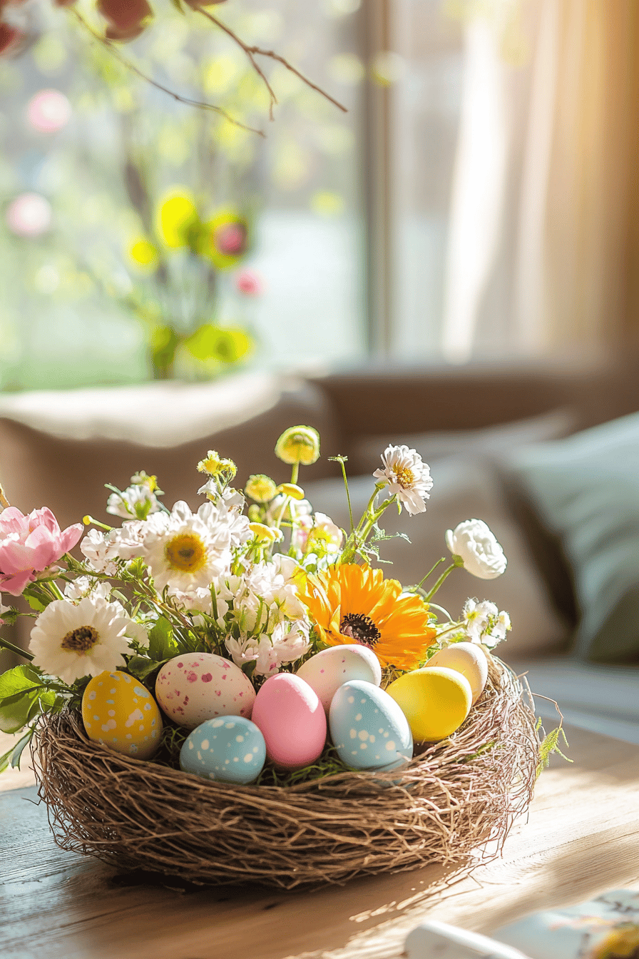Ein Osternest mit bunten Eiern und Blumen auf einem Tisch.