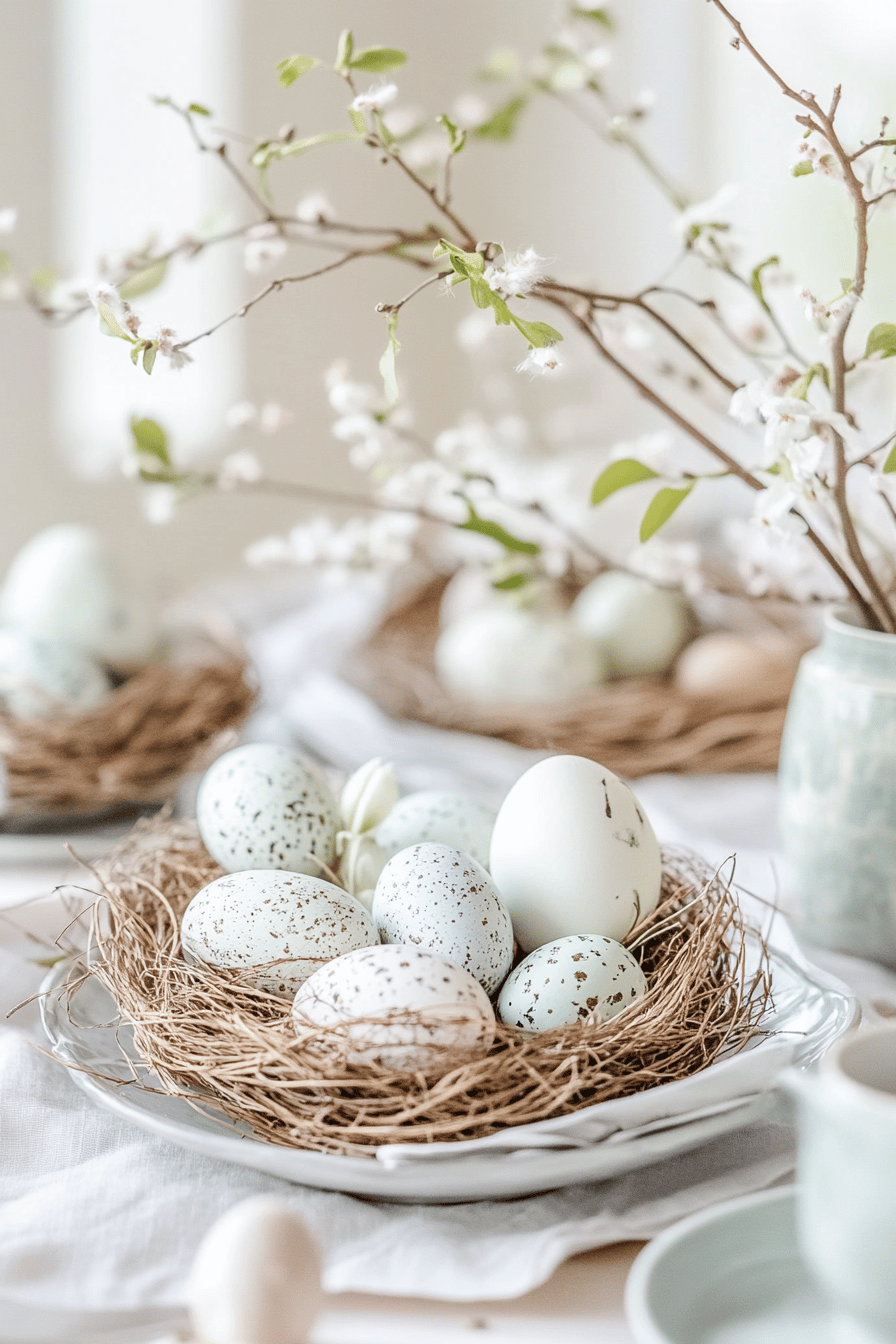 Ein Nest mit pastellfarbenen und gesprenkelten Eiern, umgeben von blühenden Zweigen.