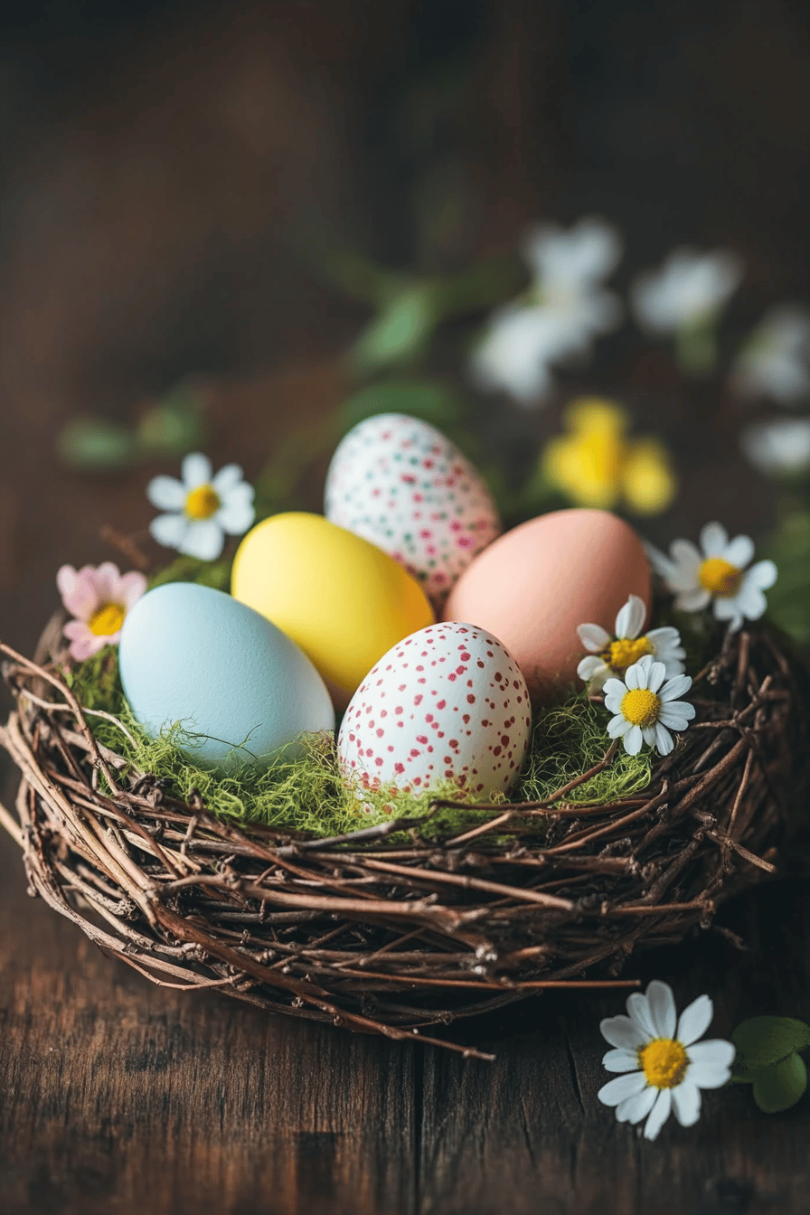 Ein Osternest aus Zweigen, gefüllt mit bunten Eiern und umgeben von Gänseblümchen.