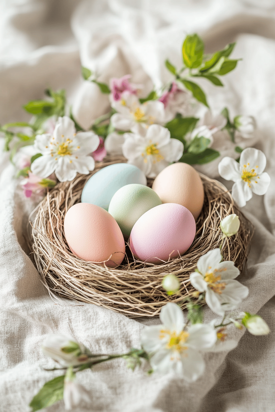 Ein Osternest mit pastellfarbenen Eiern und Blumen.