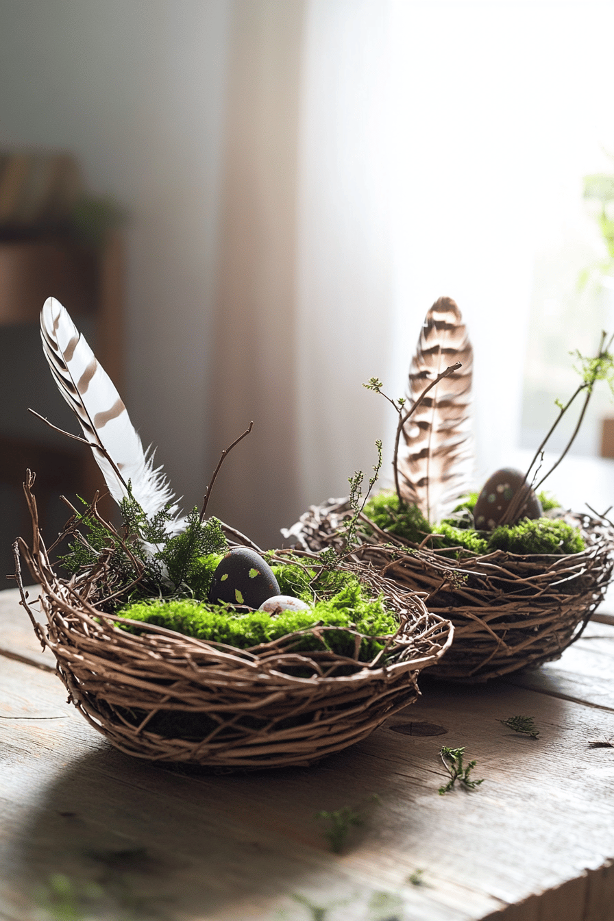 Zwei rustikale Osternester aus Zweigen und Moos mit Federn und Eiern.