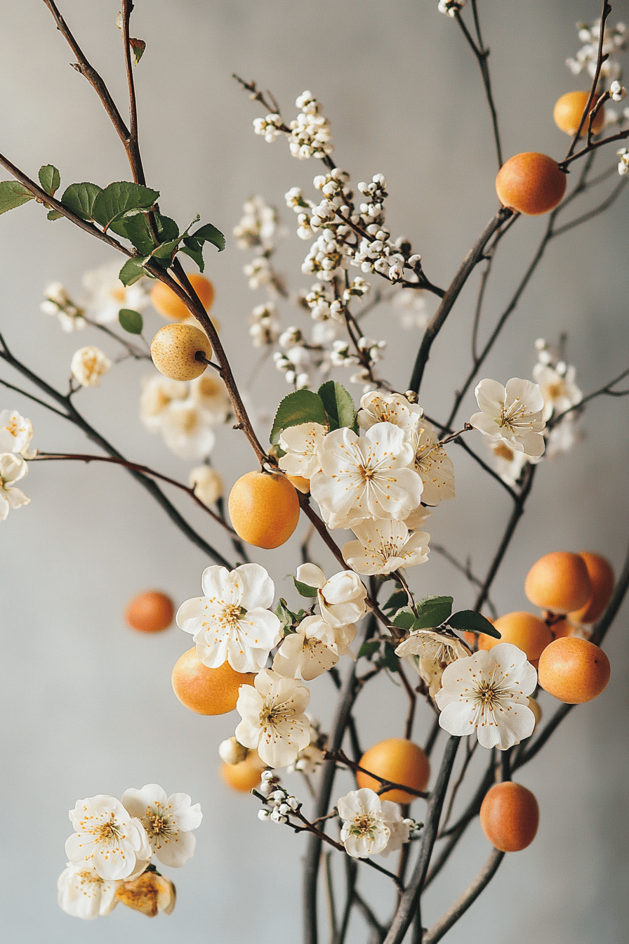 Zweige mit weißen Blüten und kleinen gelb-orangen Früchten.