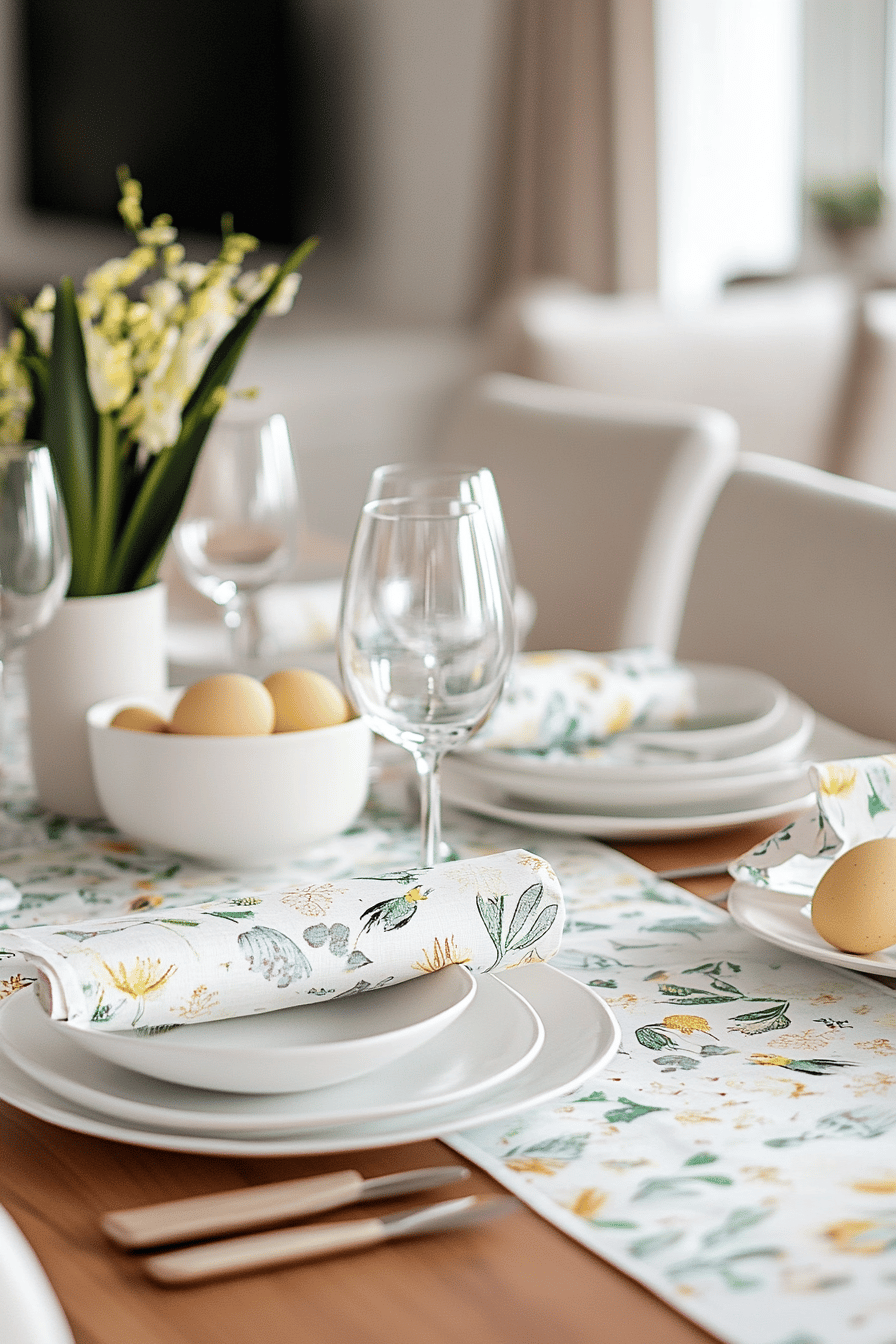 Schön gedeckter Tisch mit floralem Tischläufer und passenden Servietten.