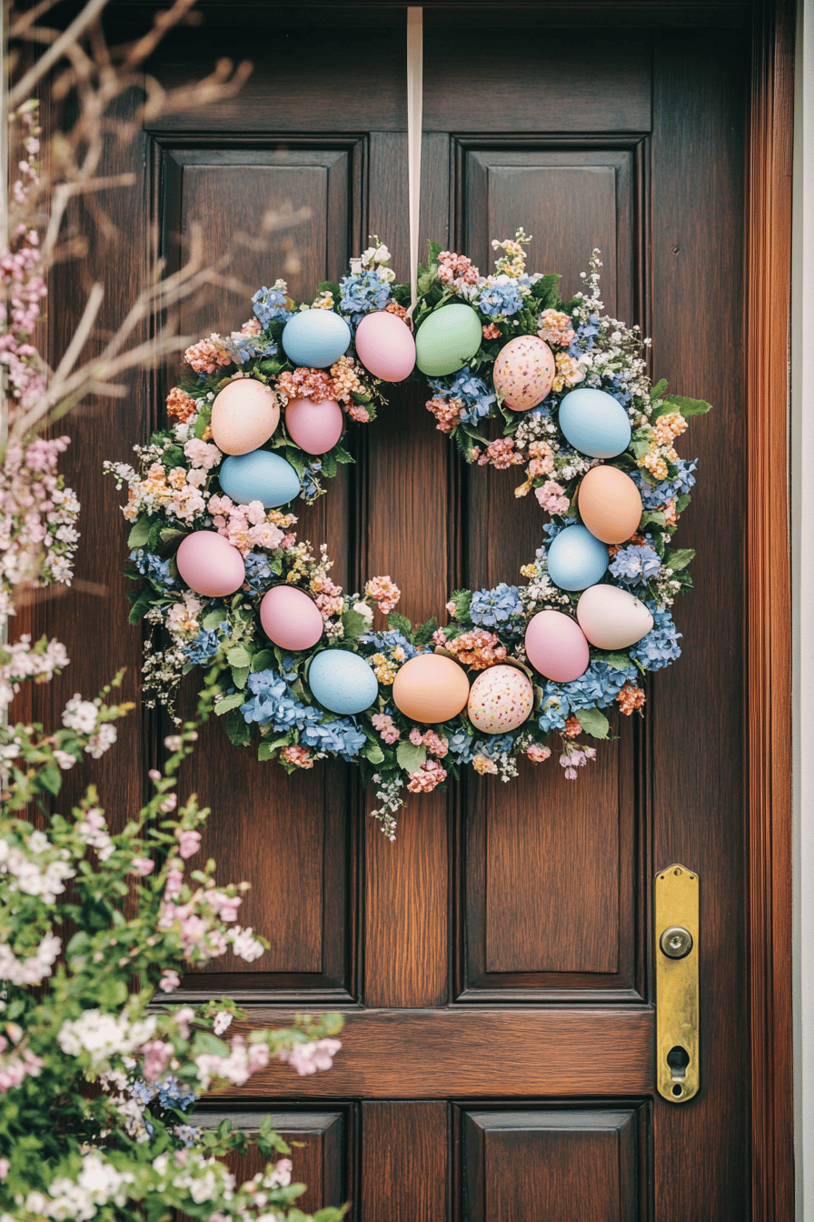 Türkranz mit bunten Eiern und Blumen an einer Holztür.