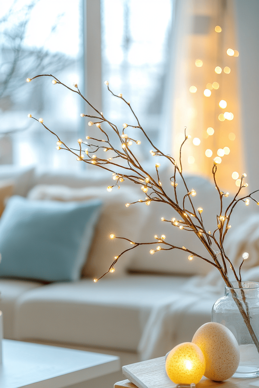 Ein dekorativer Osterzweig mit kleinen Lichtern und zwei beleuchteten Eiern in moderner Raumdekoration.