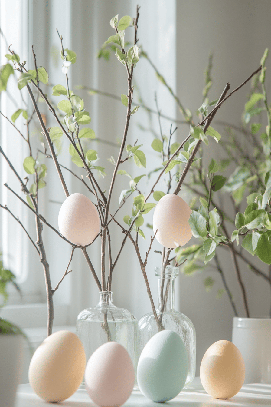 Zweige in Glasvasen mit pastellfarbenen Ostereiern dekoriert.