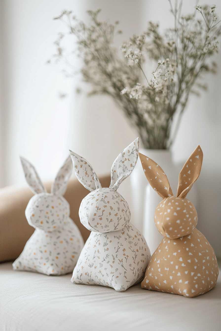Drei niedliche Osterhasen aus Stoff mit floralen Mustern auf einem Sofa.