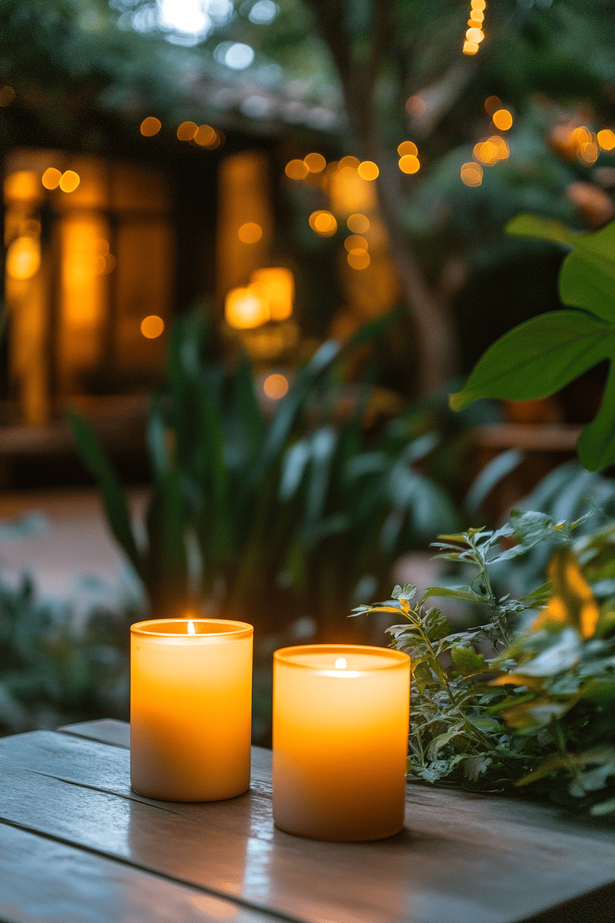 Zwei brennende Kerzen auf einem Tisch im Freien, umgeben von Pflanzen und Lichterketten.