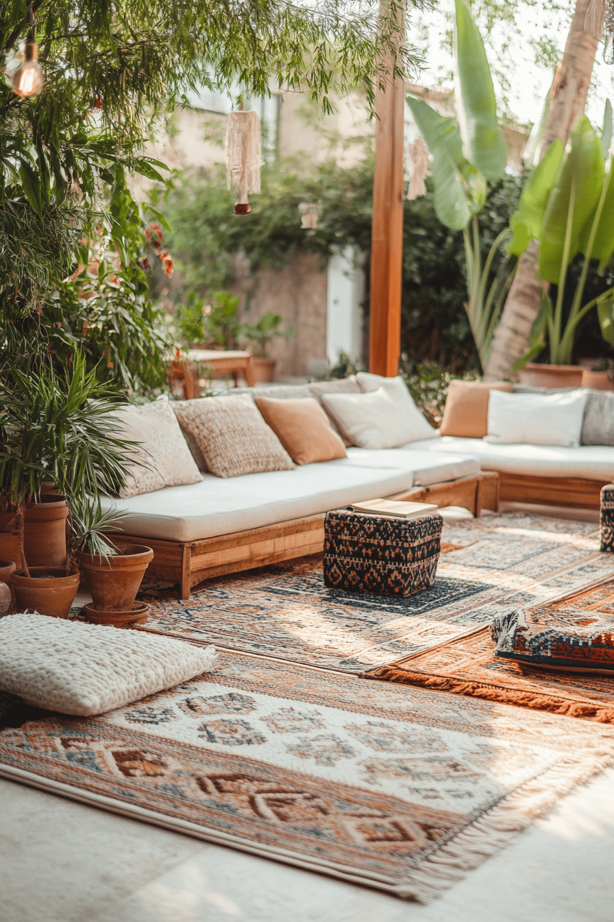 Gemütlicher Balkon mit Holzsofa, Kissen und Outdoor-Teppichen.