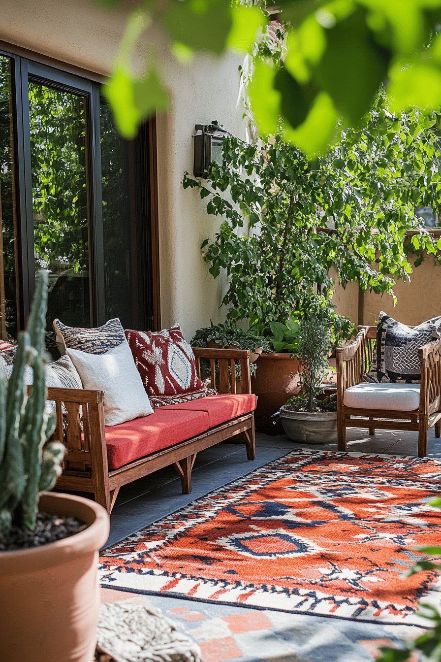 Terrasse mit buntem Outdoor-Teppich, Holzmöbeln und Pflanzen.