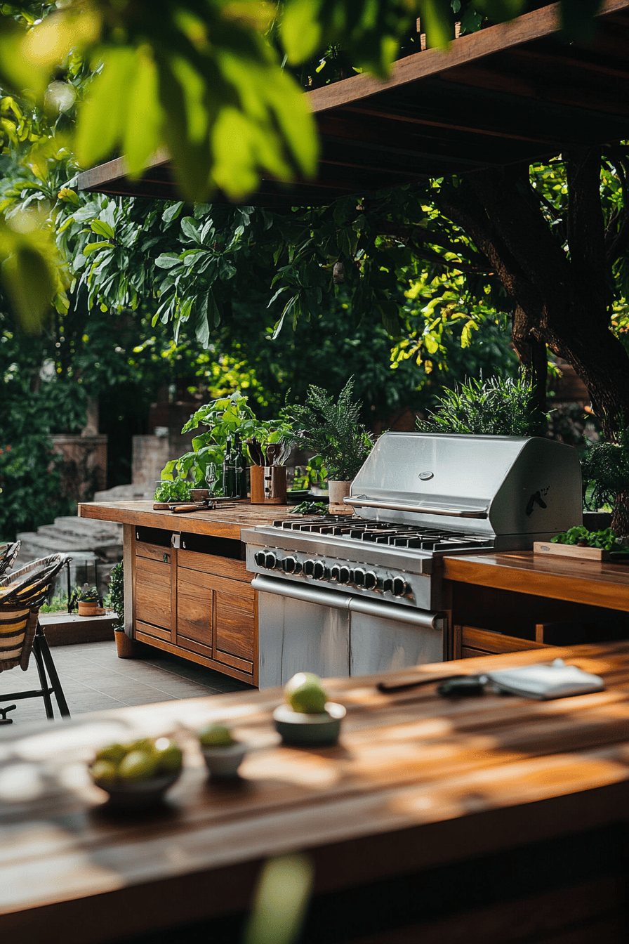 Eine moderne Outdoorküche mit einem Grill, umgeben von üppigem Grün.