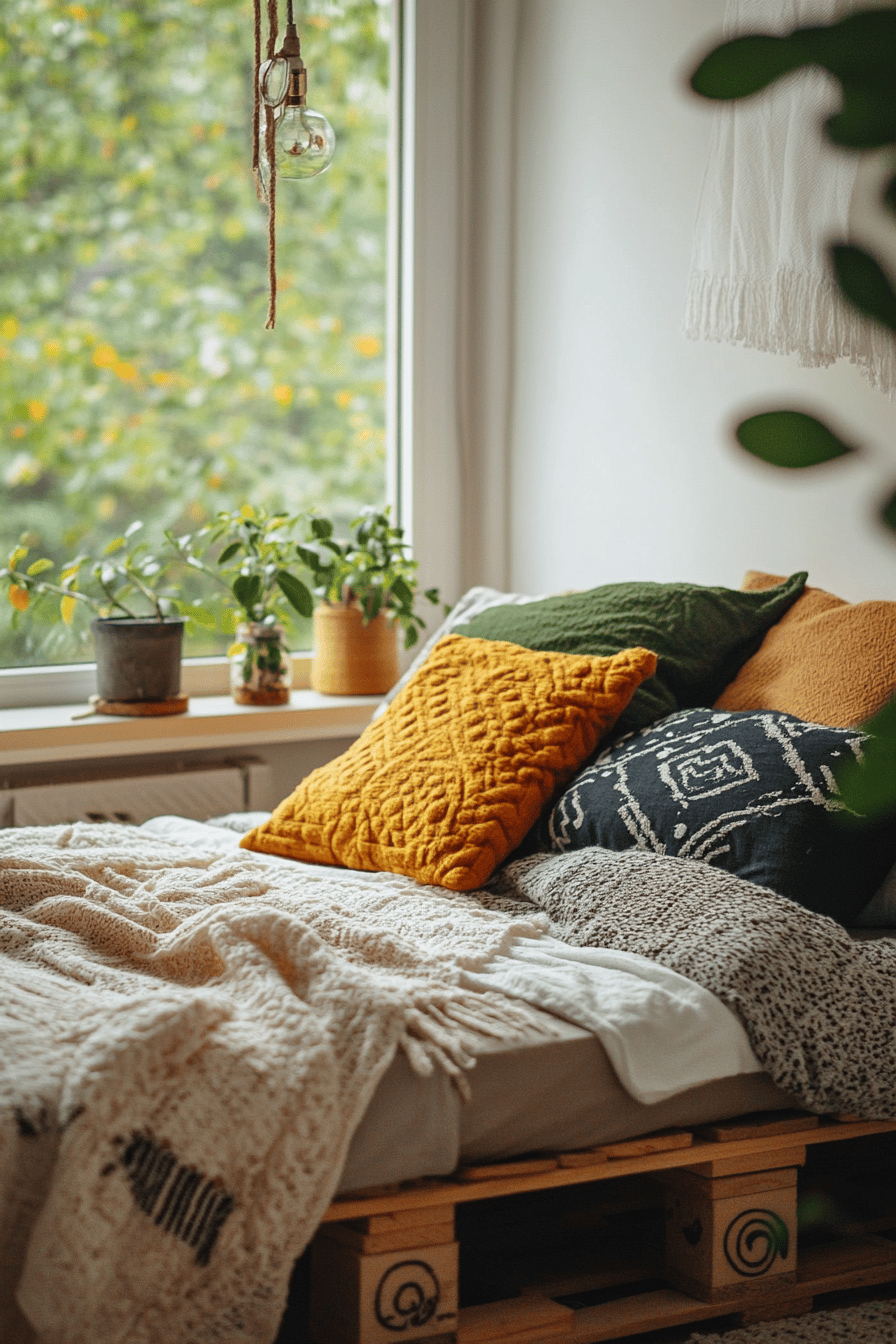 Ein gemütliches DIY Palettenbett mit bunten Kissen am Fenster.