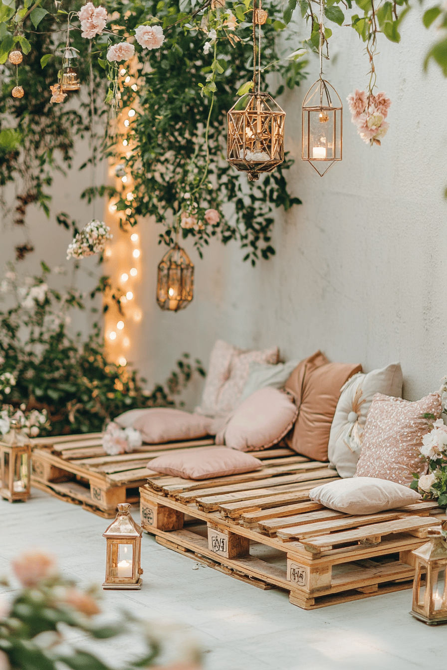 Ein Balkon mit selbstgebauten Palettenmöbeln und dekorativen Laternen.