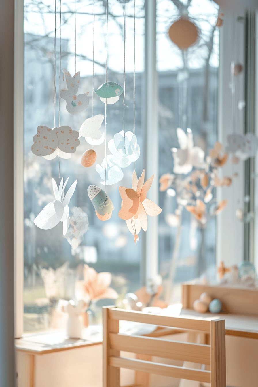 Fensterdekoration mit hängenden skandinavischen Papierornamenten in Pastellfarben.