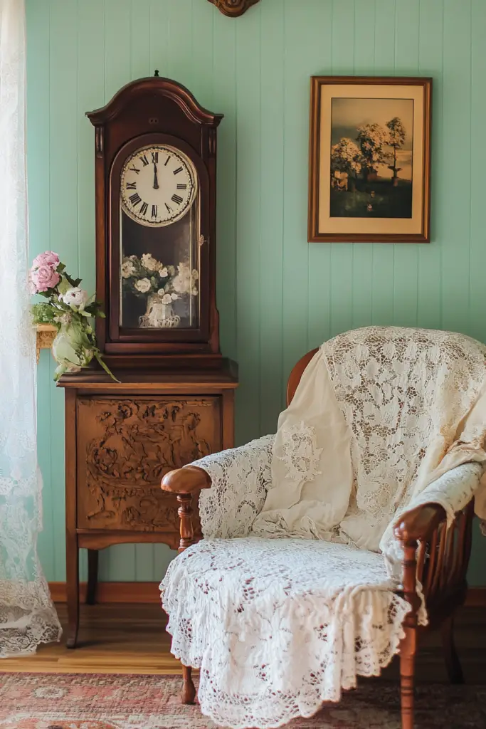 Antikes Wohnzimmer mit Standuhr und gemütlichem Sessel