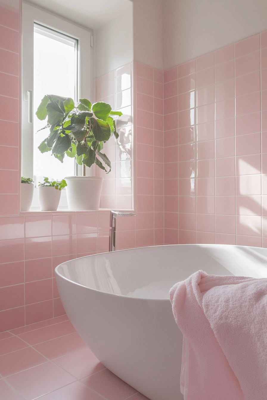 Ein Badezimmer mit zartrosa Fliesen und einer freistehenden weißen Badewanne, dekoriert mit Topfpflanzen.
