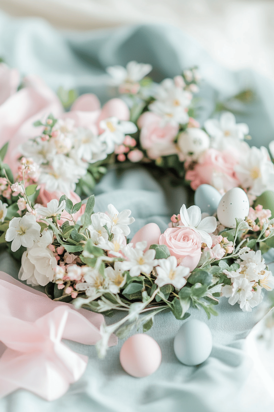 Ein Türkranz aus Blumen und pastellfarbenen Ostereiern auf einem blau-grauen Tuch.