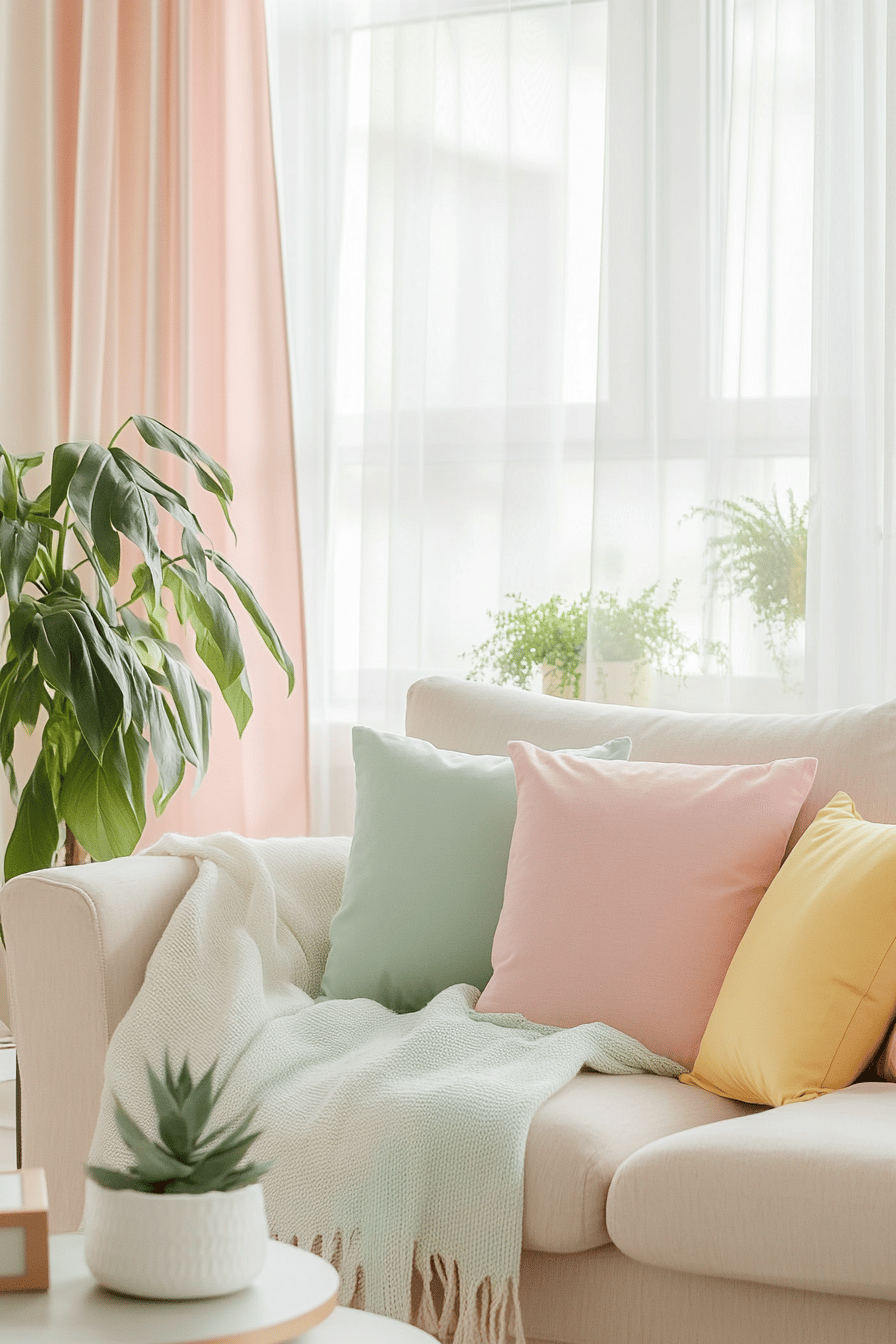 Sofa mit Kissen und Decke in Pastellfarben, umgeben von Pflanzen.