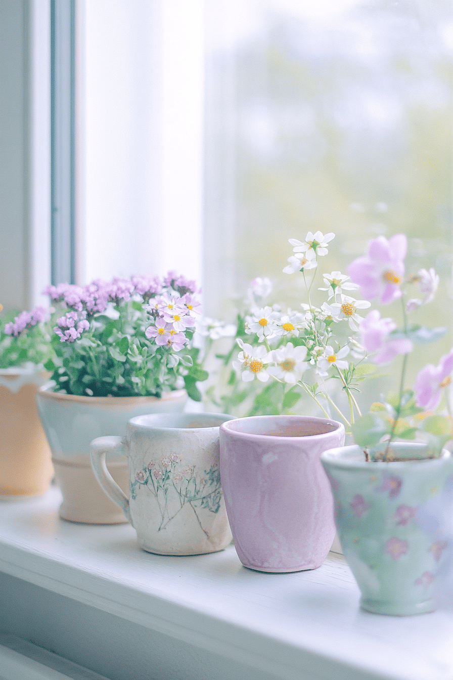 Bunte Keramiktöpfe mit Frühlingsblumen auf einer Fensterbank in Pastellfarben.