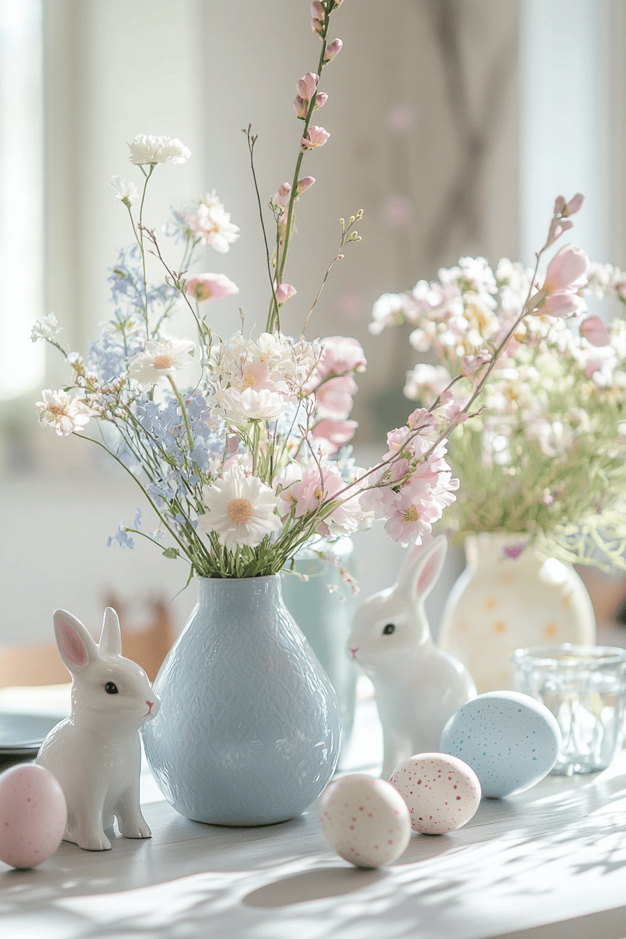 Pastellfarbene Vase mit Blumen und Osterhasenfigur auf einem Tisch.