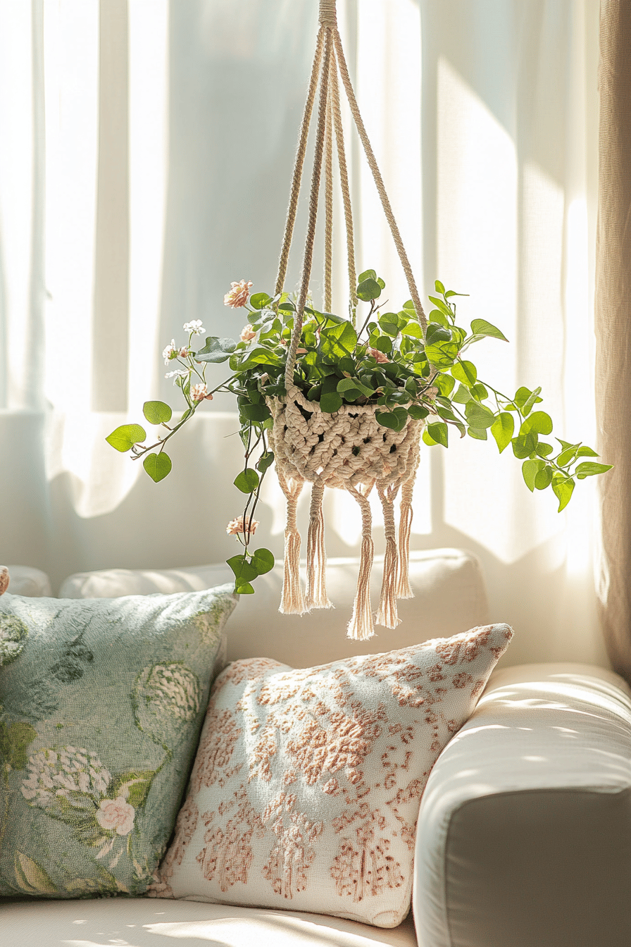Hängende Pflanze in einem handgefertigten Makramee-Pflanzenhalter vor einem sonnendurchfluteten Fenster.
