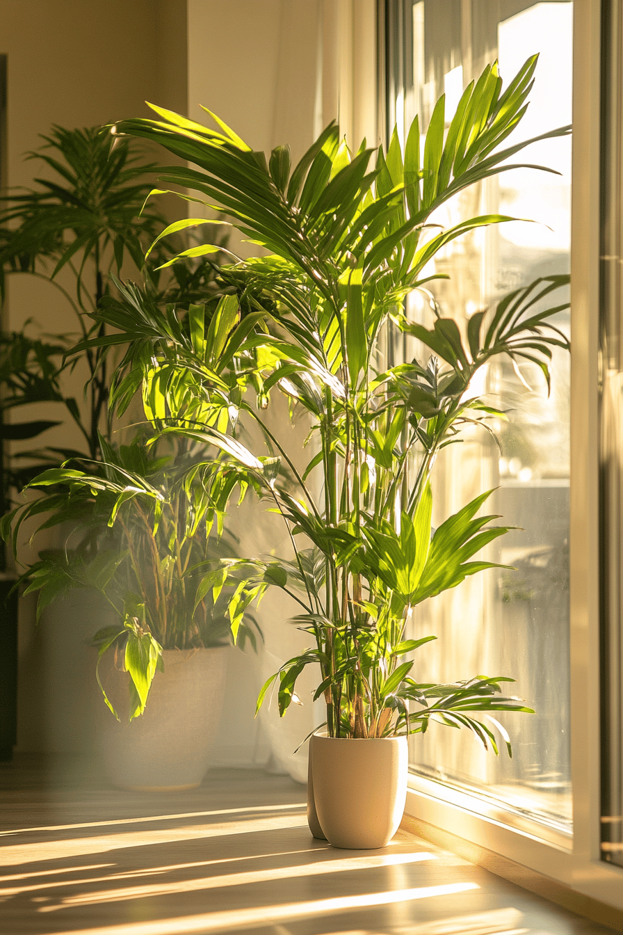 Zimmerpflanzen in Töpfen stehen vor einem sonnigen Balkonfenster.