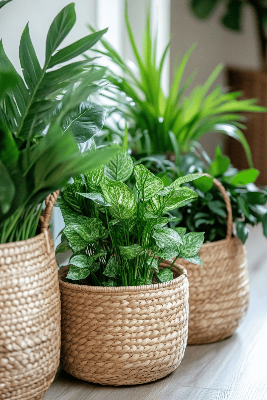 Grüne Zimmerpflanzen in geflochtenen Körben auf einem Holzfußboden.