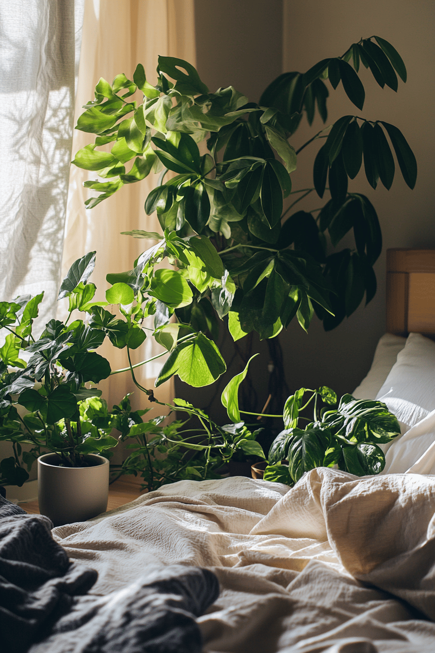 Grüne Pflanzen neben einem Bett, die das Schlafzimmer aufhellen.