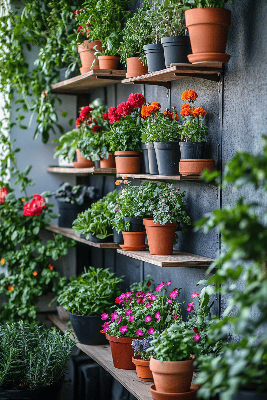 Ein Balkon mit Pflanzenregalen voller Blumen und Kräutern.