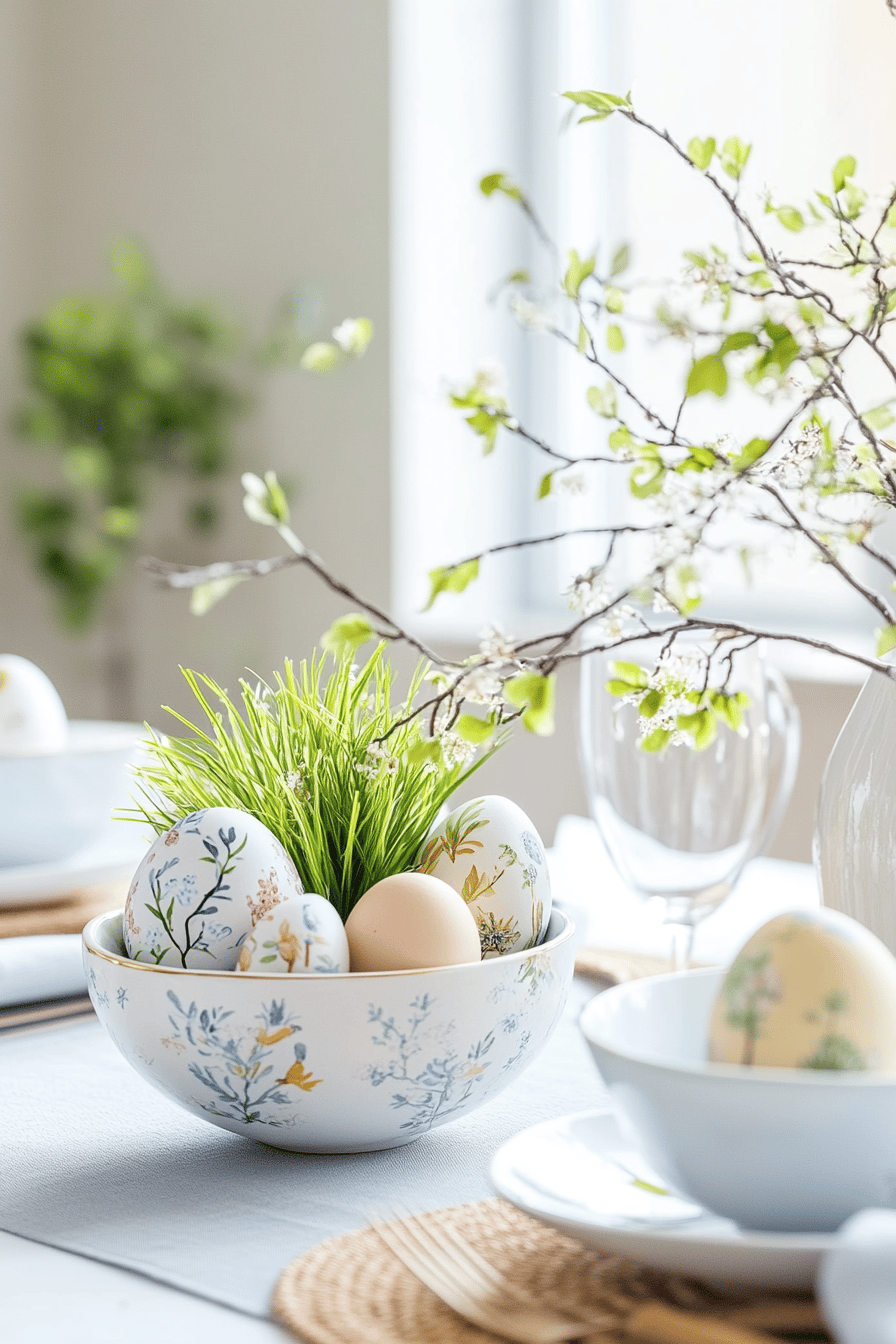 Dekorative Schale mit bemalten Ostereiern und frischem Grün auf einem Tisch.