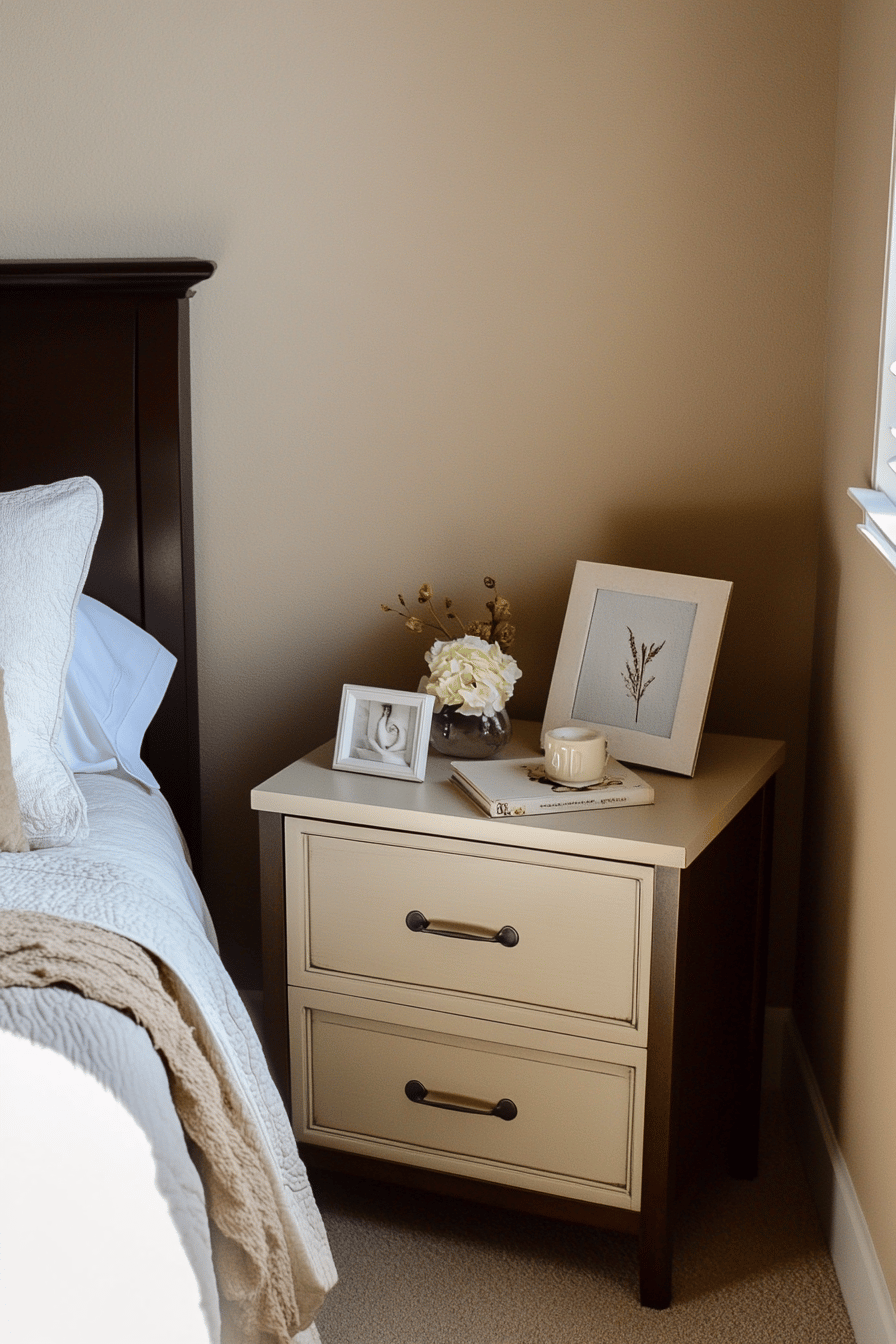Kleiner Nachttisch neben einem Bett, dekoriert mit Bildern und Blumen.