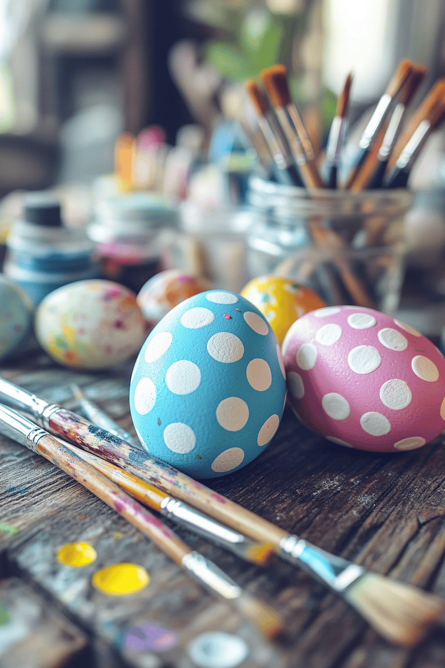 Bunte Ostereier mit weißen Polka-Dots und Pinsel auf einem Tisch.