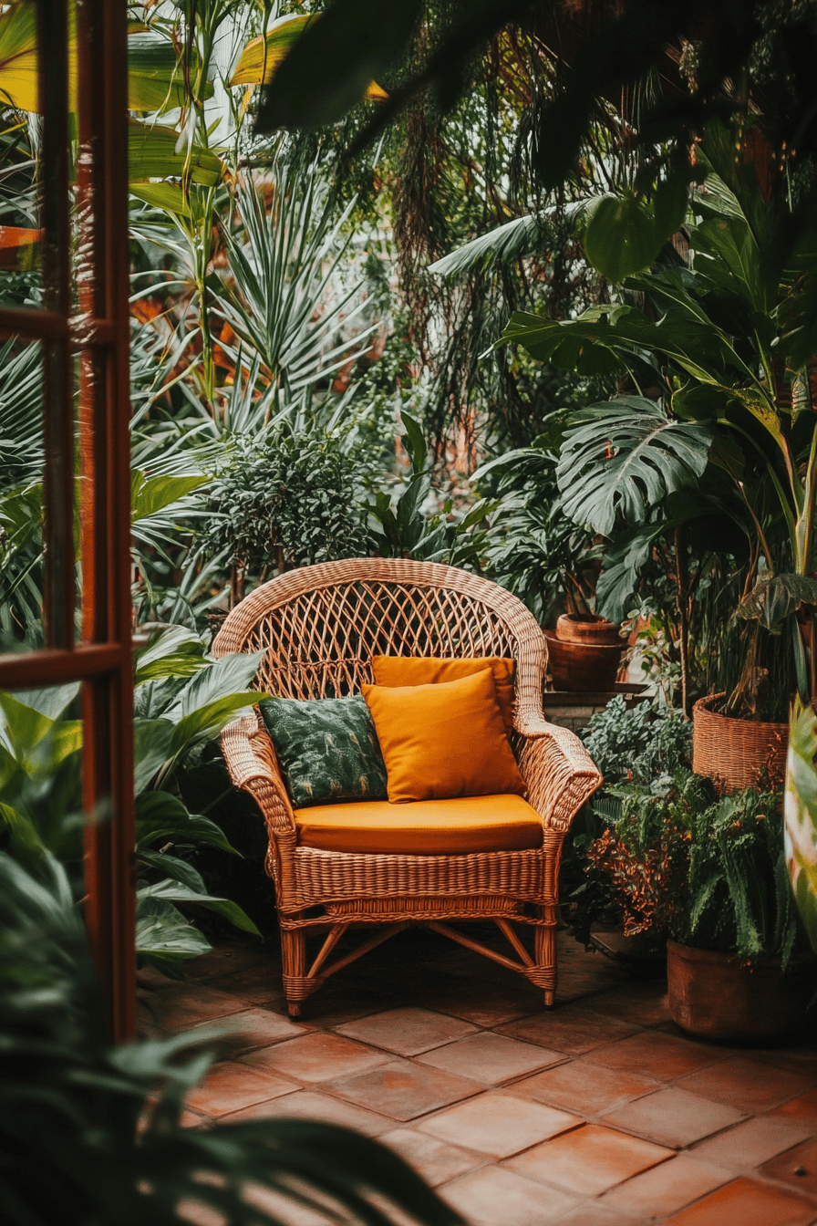 Rattan-Sessel mit bunten Kissen, umgeben von üppigen tropischen Pflanzen.