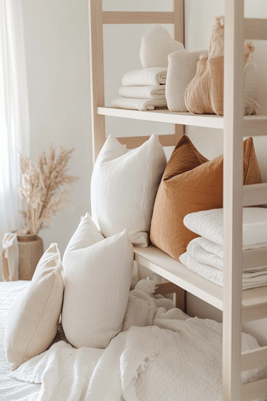 Gemütliche Kissen und Handtücher in einem offenen Regal im Schlafzimmer.
