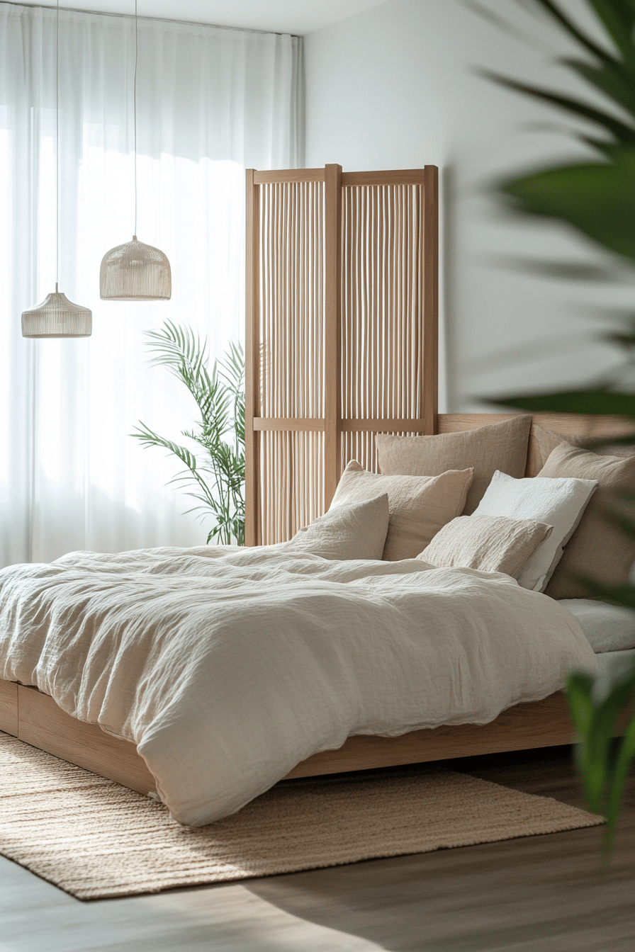Moderne Schlafzimmergestaltung mit Raumteiler und Bett.