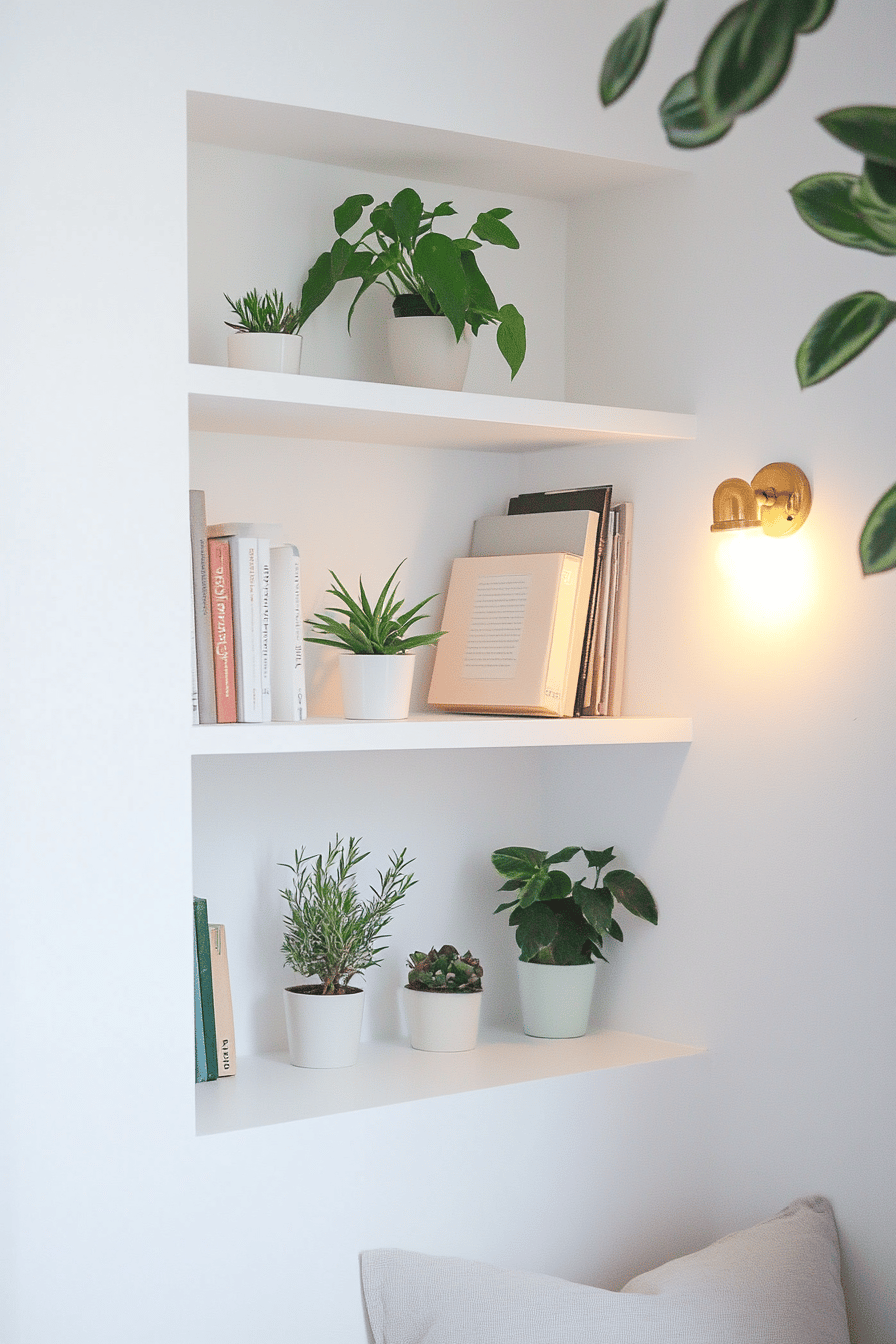 Ein kleines Regal mit Pflanzen und Büchern