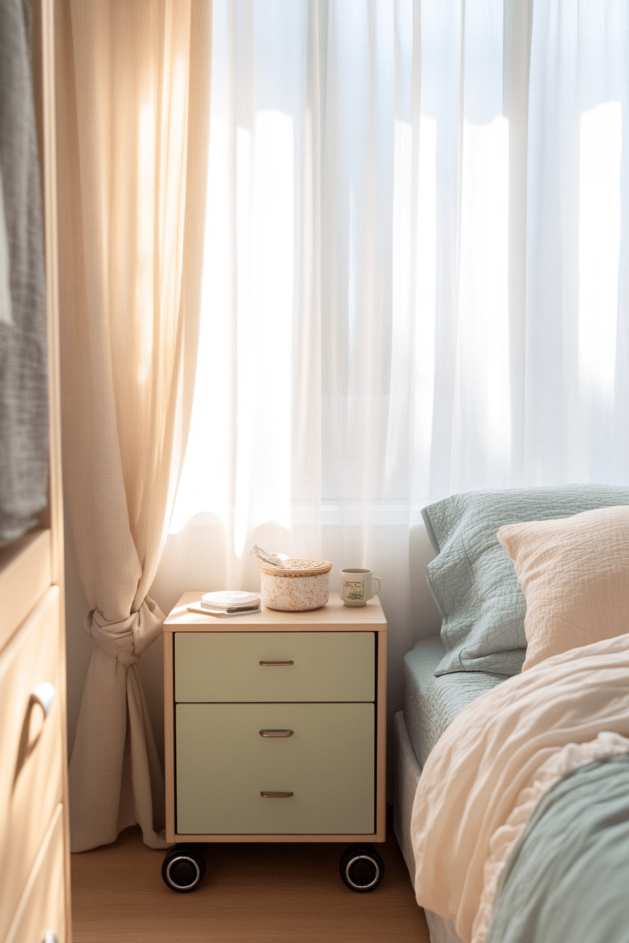 Ein kleines Schlafzimmer mit rollbarem Beistelltisch neben dem Bett.