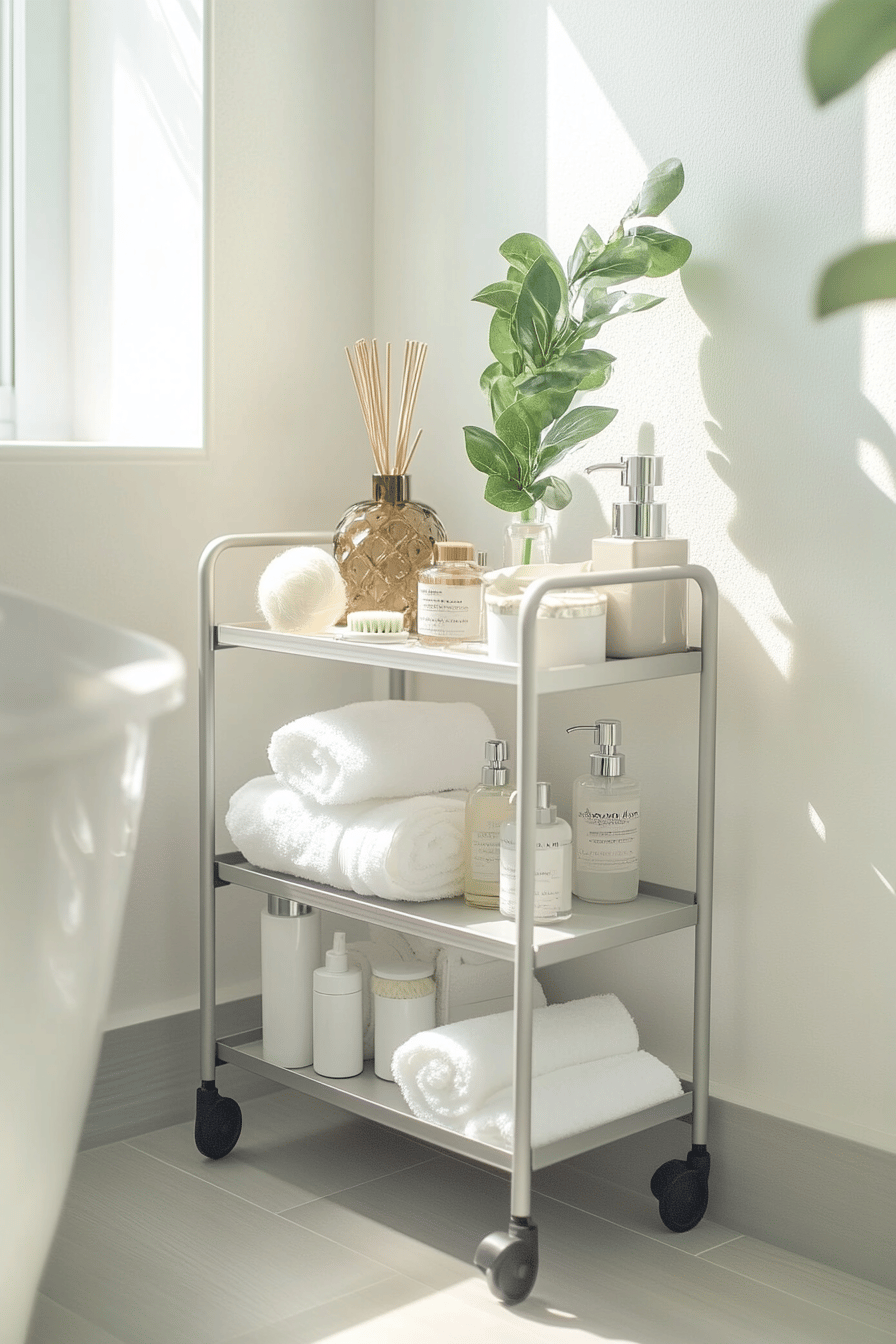 Ein Rollwagen im Badezimmer mit Handtüchern und Pflegeprodukten.
