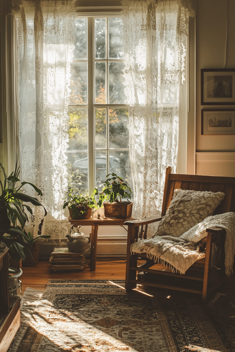 Ein gemütliches, rustikales Zimmer mit einem großen Fenster, hölzernen Möbeln und Pflanzen.