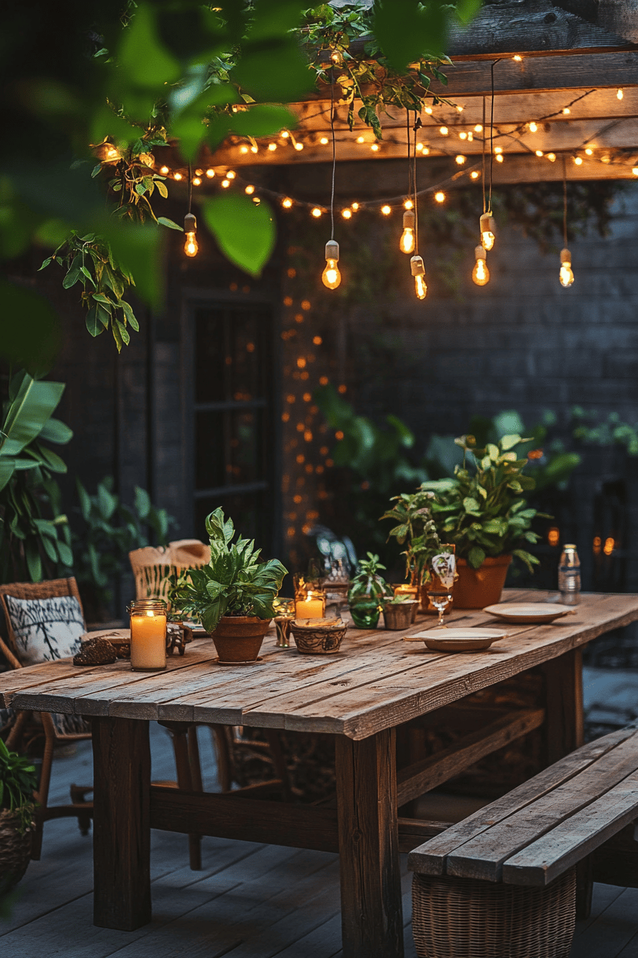 Ein rustikaler Holztisch auf einer Terrasse umgeben von Pflanzen und Lichterketten.