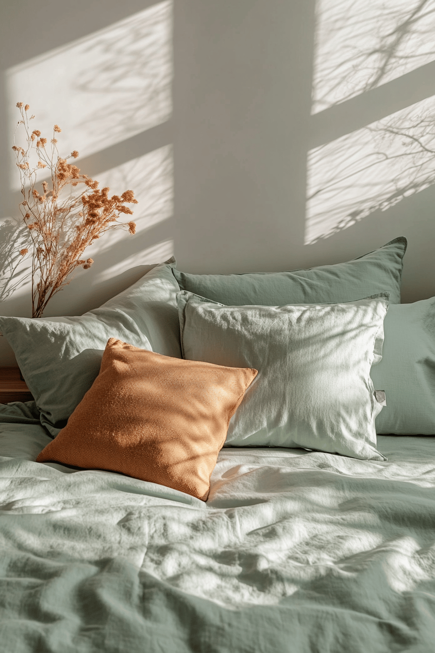 Ein Bett mit salbeigrüner Bettwäsche und einem orangefarbenen Kissen, dekoriert mit getrockneten Blumen.