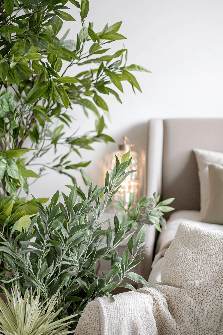 Salbeigrüne Pflanzen neben einem gemütlichen Bett.
