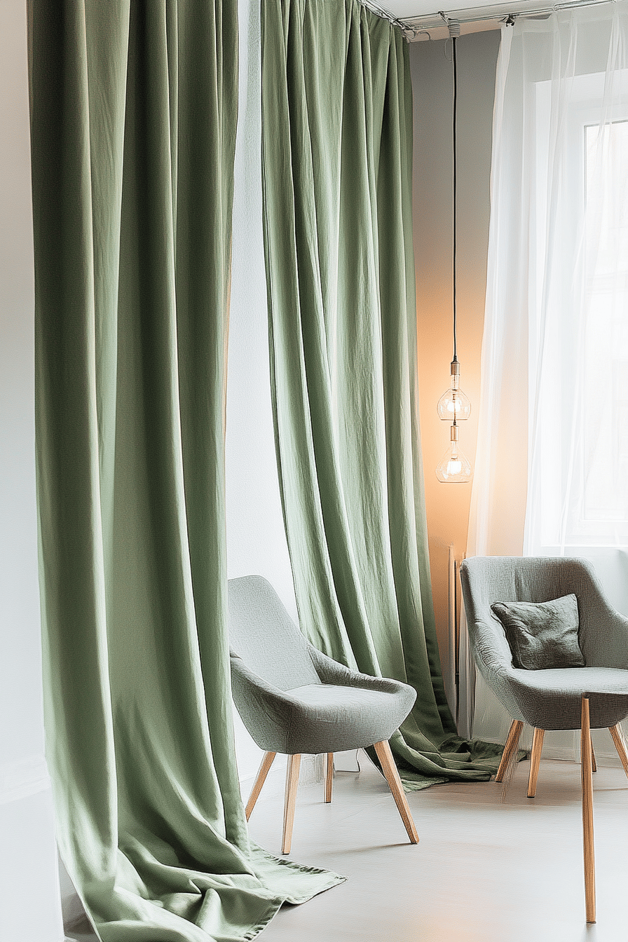 Salbeigrüne Vorhänge in einem stilvollen Schlafzimmer mit moderner Beleuchtung und Polstermöbeln.