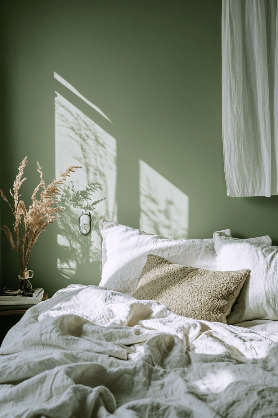 Ein gemütliches Schlafzimmer mit salbeigrüner Wand und weißer Bettwäsche.