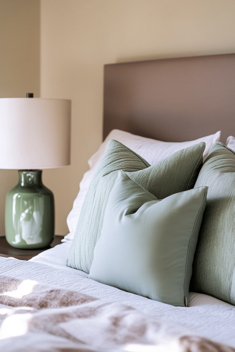 Ein gemütliches Schlafzimmer mit einer salbeigrünen Lampe und passenden Kissen.