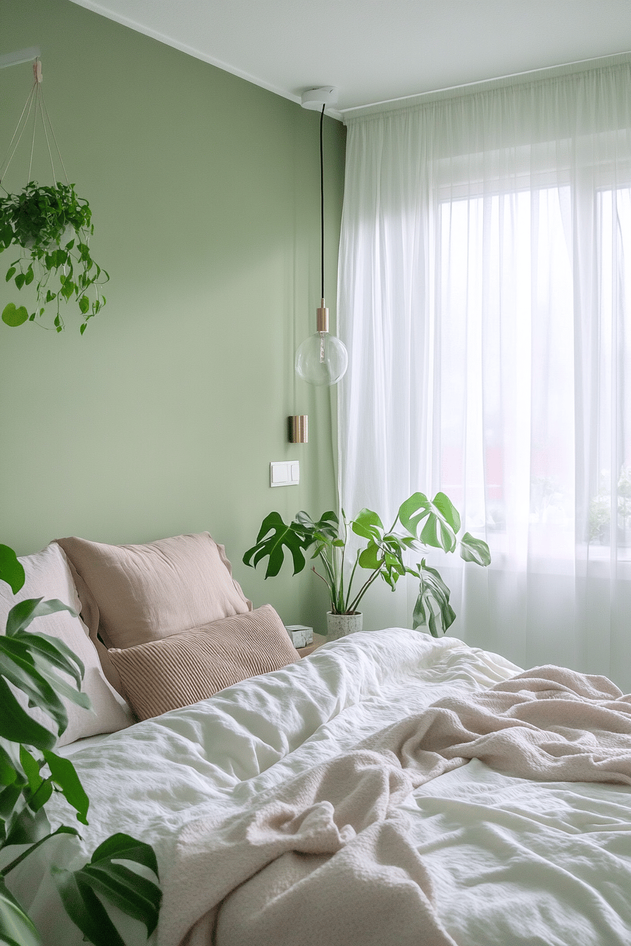 Ein gemütliches Schlafzimmer mit salbeigrüner Wand, Pflanzen und weißen Vorhängen.