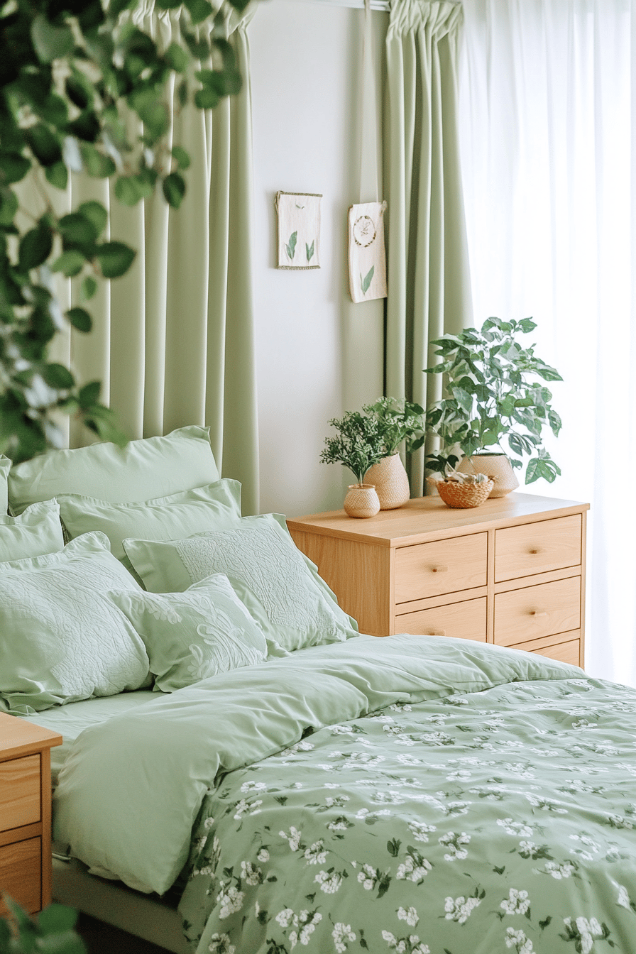 Schlafzimmer mit salbeigrüner Bettwäsche und Vorhängen.
