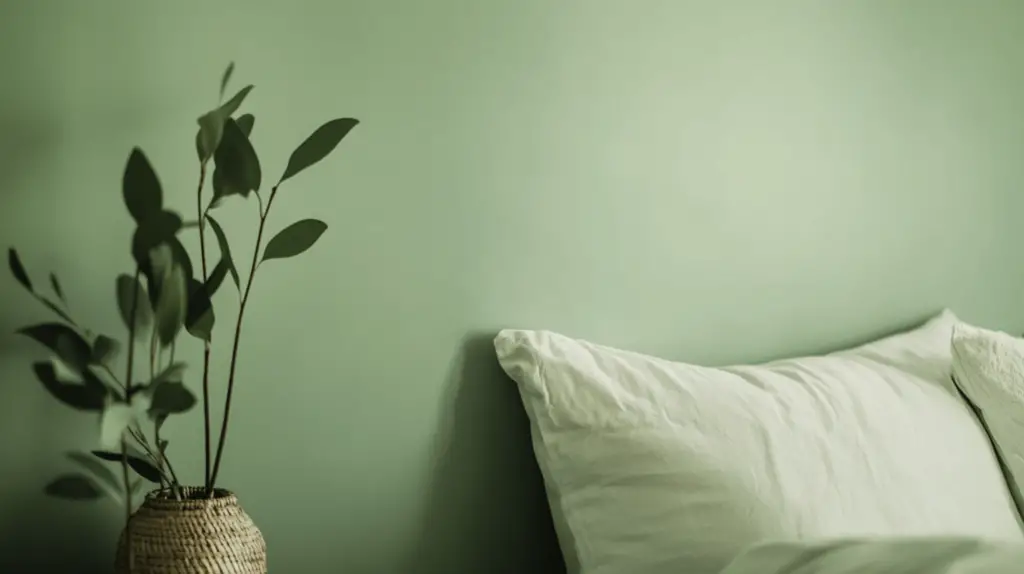 Grünes Schlafzimmer mit Pflanze und Kissen