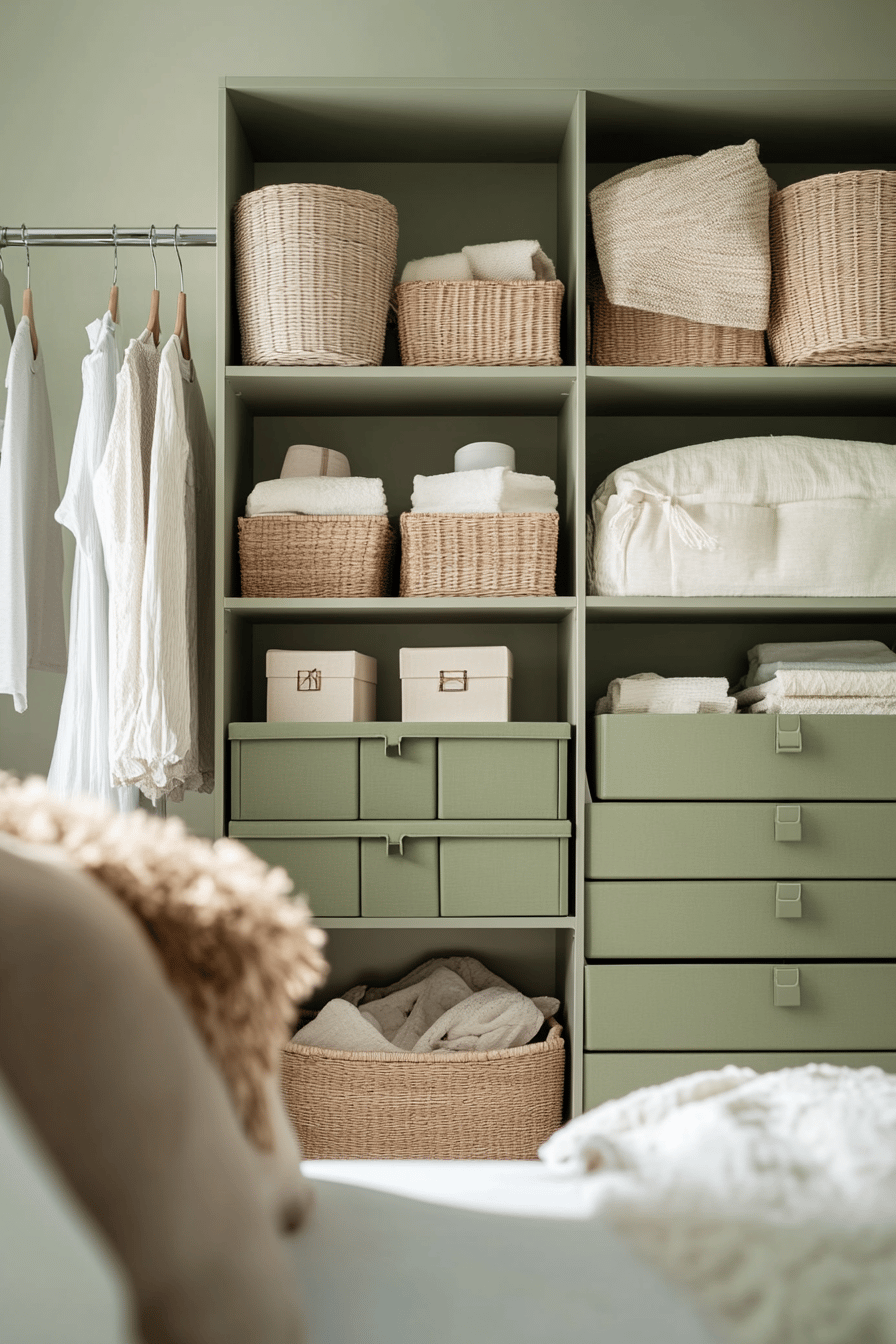 Ein salbeigrünes Regal mit Körben und Schubladen zur Organisation im Schlafzimmer.